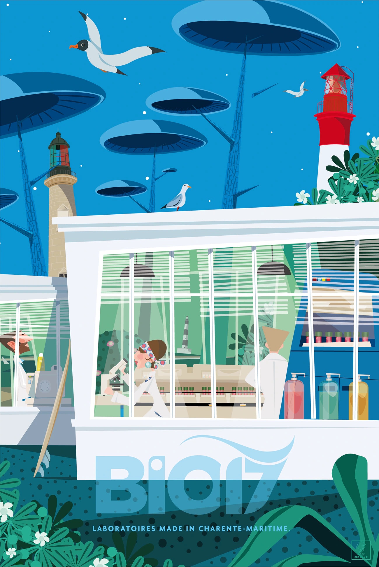 Affiche illustrée Bio17 : un laboratoire vitré au pied des phares de Charente-Maritime, des biologistes au microscope, et la signature « Laboratoires made in Charente-Maritime ».